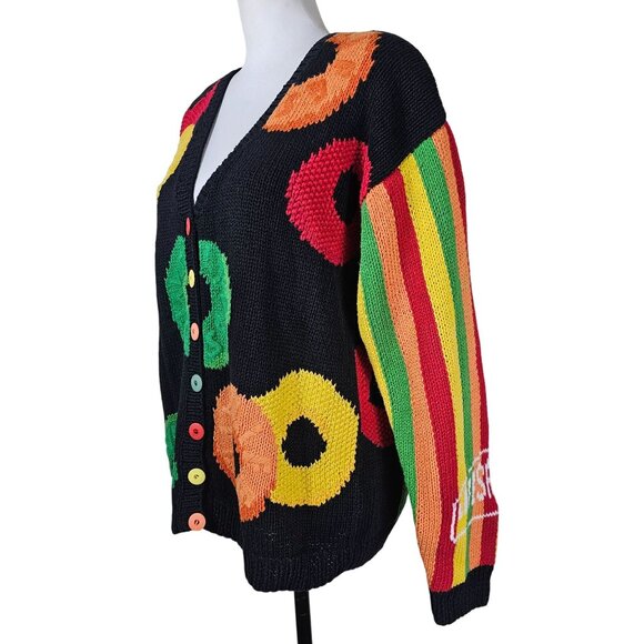 VTG Eagles Eye Lifesavers Rainbow Cardigan M Hand Knit Halloween Artsy Rainbow - Picture 2 of 11